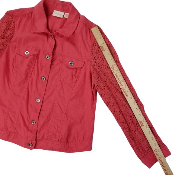 Chico's Linen Shacket Truckers Jacket Womens Sz M ( 1 ) Lace Sleeve Salmon - Picture 16 of 16